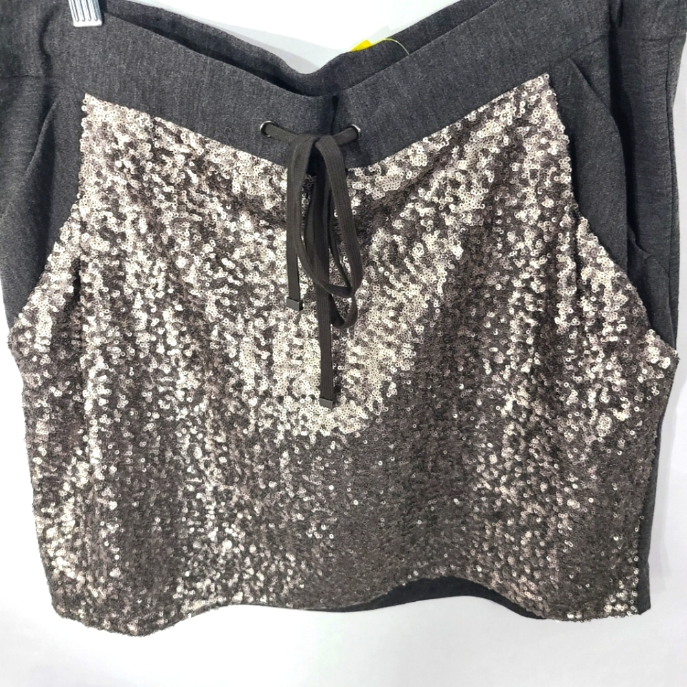 Ann‎ Taylor Women's Size Large L Grey Sequin Mini Skirt Front Tie Pockets - Picture 2 of 4
